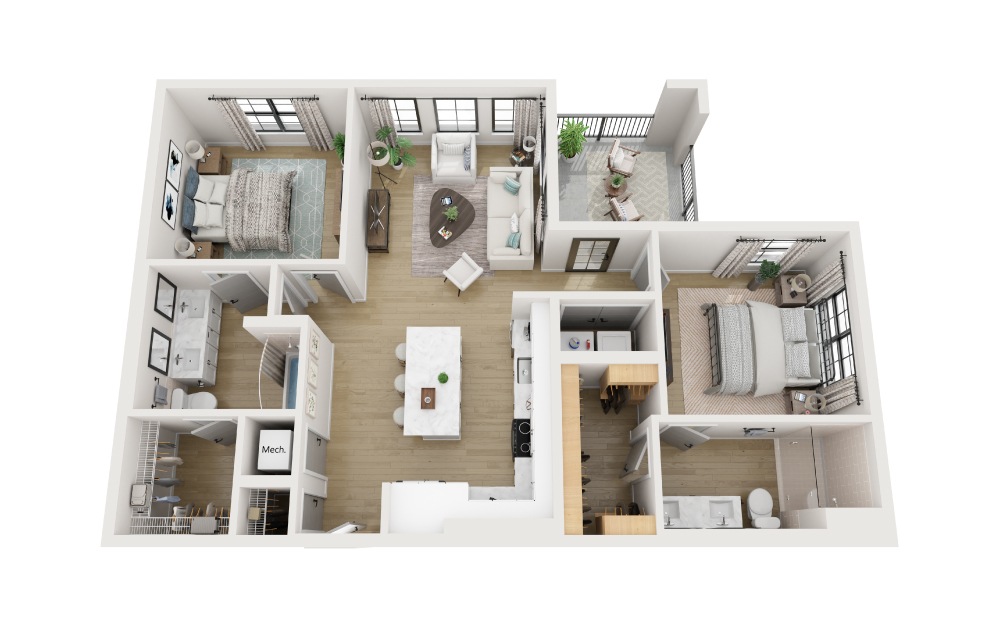 B4 - 2 bedroom floorplan layout with 2 bathrooms and 1157 square feet