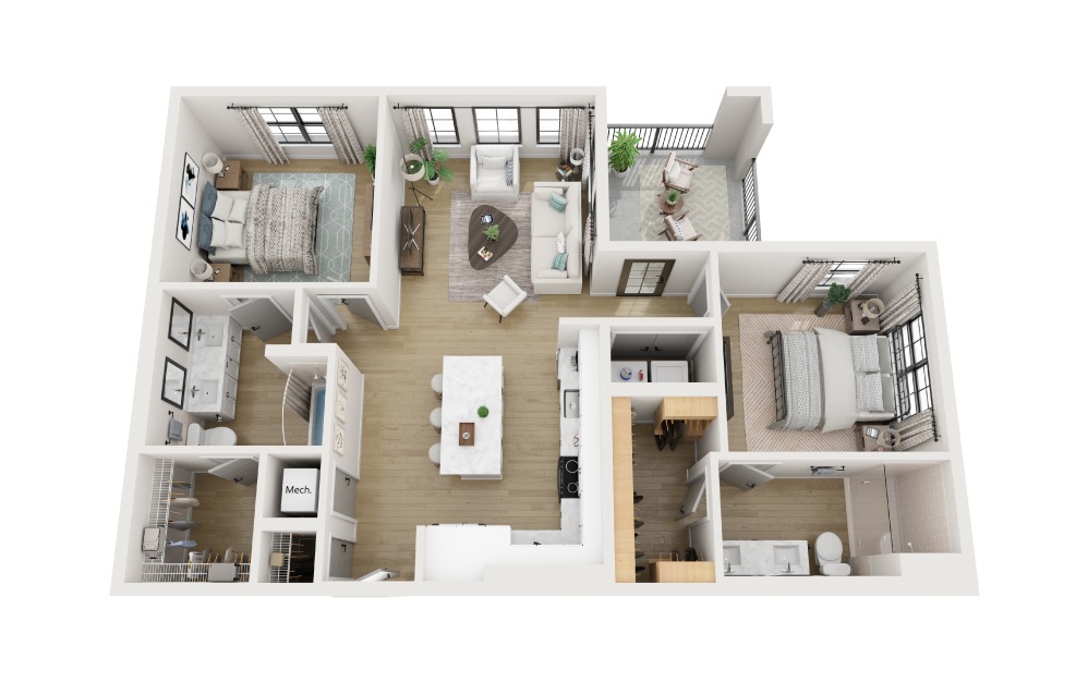 B4 - 2 bedroom floorplan layout with 2 baths and 1157 square feet.