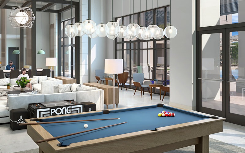 Beautiful clubroom with lounge seating and gaming areas